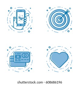 Vector business illustration set of flat bold line icons with hand and mobile phone, target goal, credit cards, heart icon. Graphic design concept of e - commerce. Blue outline isolated object.