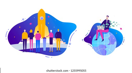 Vector Business illustration set. Start up concept. Rocket launch. Man sitiing on the globe. Earning money in the internet, freelance, business online. Fluid background