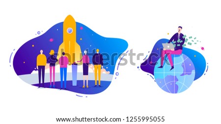 Vector Business illustration set. Start up concept. Rocket launch. Man sitiing on the globe. Earning money in the internet, freelance, business online. Fluid background