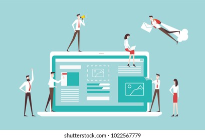 vector business illustration. small people download t business web portal on the Internet. build a start up project vector