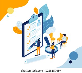 vector business illustration. small people fill out an application form for job. people take test exam. view and fill resume for job vacancy. trendy isometric graphic design paper Filling