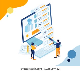 vector business illustration. small people fill out an application form for job. people take test exam. view and fill resume for job vacancy. trendy isometric graphic design paper Filling