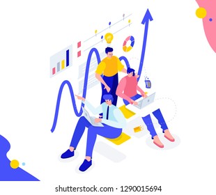 vector business illustration. solid team working on the project. teamwork on startup. vector stylish flat colorful isometric. leader directs and leads his workers to the goal