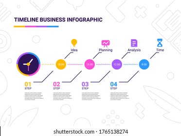 Vector business illustration of step timeline infographics template with clock and business icon on white background with text. Flat line art style infographic design of graphic element for web banner