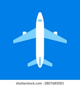 Vector business illustration with streamlined passenger airplane. Icon is symbol of travel and happy holiday. Charter plane flys on blue sky to airport. White shapes