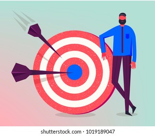 Vector business illustration, stylized character. Making goals, successful business strategy, marketing concept. Man standing next to target