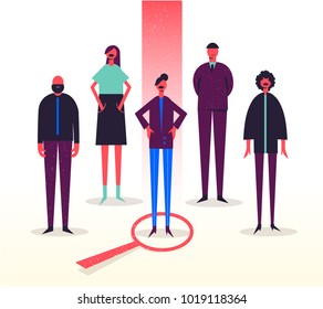Vektorgrafik aus dem Geschäftsleben, stilisierte Figuren. Einstellung, Personalsuche, Personalsuche. Eine von anderen wählen.Frau