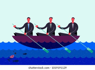 Vector business illustration, stylized characters. Successful teamwork, working in tandem concept. Three man sailing in the boat