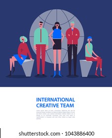 Vector business illustration, stylized characters. Business illustration. Men and women near the globe. International team, social net