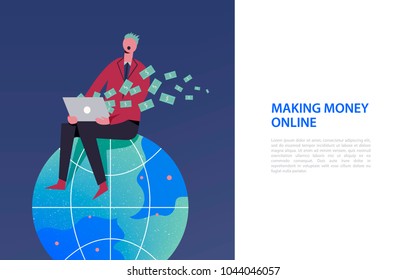 Vector business illustration, stylized characters. Stylized character sitiing on the globe. Earning money in the internet, freelance, business online. Man getting money from the computer