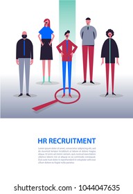 Vector business illustration, stylized characters. Recruitment, head hunting, job searching. Choosing one from others. Woman