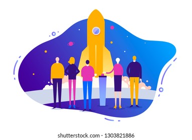 Vector business illustration, stylized characters.  Concept of business start up, successful business. Liquid modern background