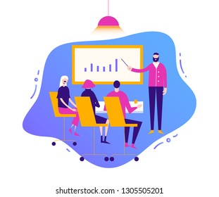 Vector business illustration, stylized characters. Meeting people, conference discussion corporate concept. Consulting for company performance, analysis concept. Statistics and business statement.