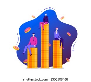 Vector business illustration, stylized characters. Concept of financial success. Businessmen and businesswoman sitting on coins. 