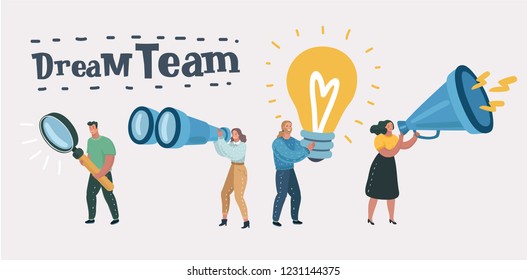 Vector business illustration ,success, dream team work. Different member in a creative group, researcher, creative, smm, marketing.