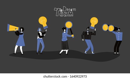 Vector business illustration ,success, dream team work. Different member in a creative group, researcher, creative, smm, marketing. idea
