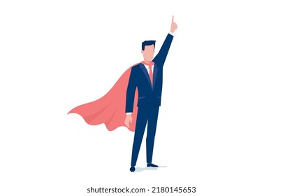 Ilustración del negocio de vectores de un súper hombre de negocios con capa roja sobre fondo de color blanco. Diseño plano de héroe para pancarta, afiche de marketing