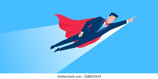 Vector business illustration of super business man in red cloak flying up on blue color background. Flat style design of hero man for banner, marketing poster