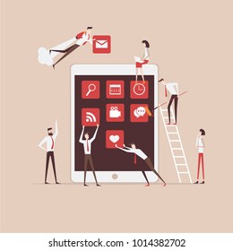 vector business illustration of a team of businessmen building a web project on the Internet. graphic design