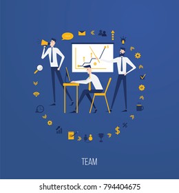 vector business illustration. team work office staff solve many tasks. around the working atmosphere there are icons