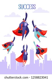 Vector business illustration. Teamwork Concept. Business teamwork. Five flat business heroes man and woman fly over the silhouette of the city. Flat design style.