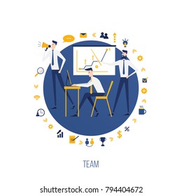 vector business illustration. teamwork of office employees decide to set a lot. around the working atmosphere there are icons