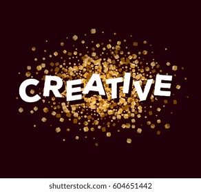 Vector business illustration of three dimensional word creative with abstract golden color small cube shapes on dark background. Creative idea concept. 3d style design of word creative for web, site
