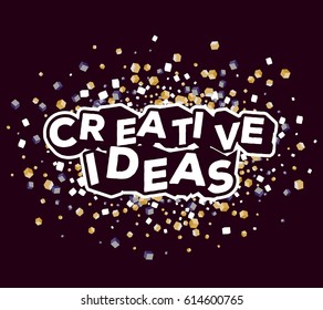 Vector business illustration of three dimensional words creative ideas with abstract retro color small cube shapes on dark background. Creative idea concept. 3d style design of words creative ideas