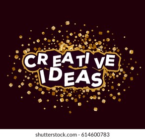 Vector business illustration of three dimensional words creative ideas with abstract golden color small cube shapes on dark background. Creative idea concept. 3d style design of words creative ideas