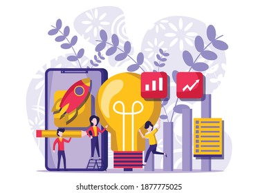 The vector business illustration tiny people character develop creative business ideas. Big light bulb isometric as a metaphysical idea. Vector illustration