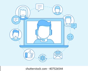 Vector business illustration in trendy linear style and blue colors related to customer support and online consultant - manager on the screen of laptop