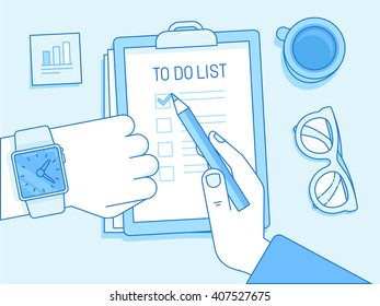 Vector business illustration in trendy linear style and blue colors related to time management and task organization - human hands and to do list on a paper document 