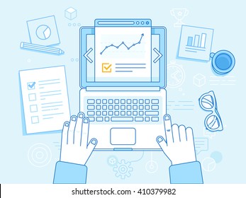 Vector business illustration in trendy linear style and blue colors related to project management, business strategy  and financial development - hands with laptop, coffee cup, glasses and documents