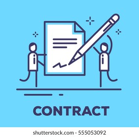 Vector business illustration of two men in suits are holding a big contract and put a signature on it on blue background with title. Signing of a treaty creative linear concept. Flat thin line style