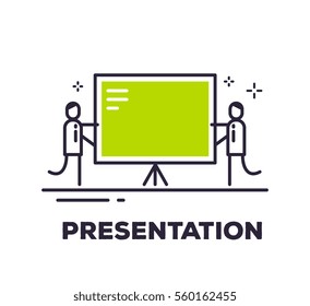 Vector business illustration of two men and a large green information board on a tripod on white background with title. Presentation creative linear concept. Flat thin line art style design for web