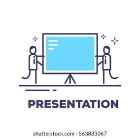 Vector business illustration of two men and a large blue information board on a tripod on white background with title. Presentation creative linear concept. Flat thin line art style design for web