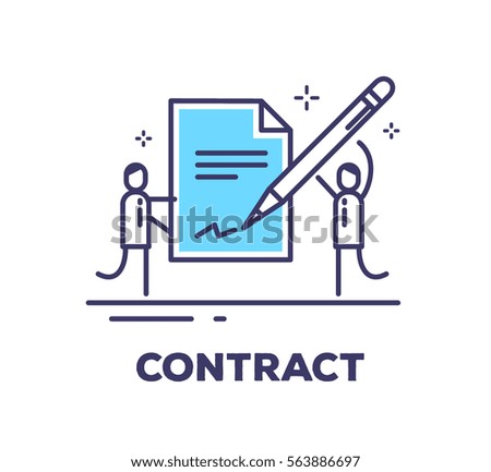 Vector business illustration of two men in suits are holding a big blue contract and put a signature on it on white background with title. Signing of a treaty creative linear concept. Thin line style
