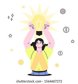 Vector business illustration of woman holding lightbulb in her hands over her head isolated on white background. The concept of idea, education, brainstorm, thinking, solution, eureka, bingo.