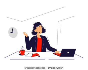 Vector business illustration of woman with laptop, flat line art style
