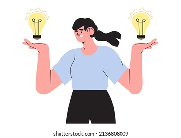 Vector business illustration of woman with lightbulb choising right one, makind decision isolated on white background. The concept of idea, brainstorm, thinking, solution, eureka, bingo.