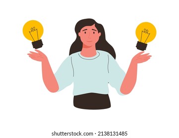 Vector business illustration of woman with lightbulb choising right one, makind decision isolated on white background. The concept of idea, brainstorm, thinking, solution, eureka, bingo.