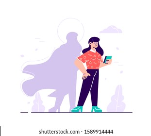 Vector business illustration, woman with superhero shadow, symbol of ambition motivation leadership. Flat style modern design vector illustration for web page, cards, poster, social media.