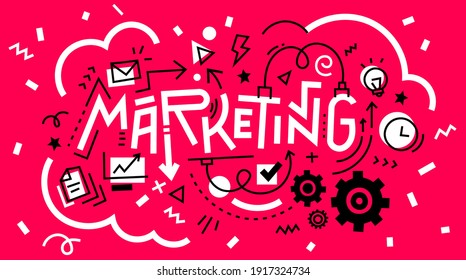 Vector business illustration of word marketing with icons on red background, flat line art style