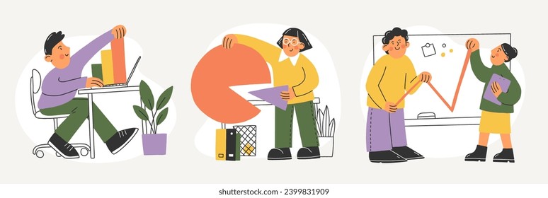 Vector business illustrations. People in office with different diagrams, column, pie and line charts.
