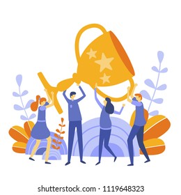 Vector business illustration,success, dream team, team work leadership qualities in a creative team, direction to a successful path, little people holding a large cup, happy for the victory.