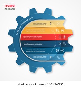 Vector business and industry gear style infographic template for graphs, charts, diagrams. Concept with 6 options, parts, steps, processes.