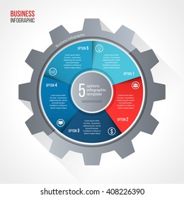 Vector Business And Industry Gear Style Circle Infographic Template For Graphs, Charts, Diagrams With 5 Options, Parts, Steps, Processes.