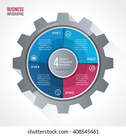 Vector business and industry gear style circle infographic template for graphs, charts, diagrams with 4 options, parts, steps, processes. 