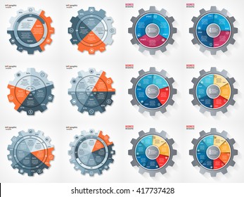 Vector business and industry gear style circle infographic set for graphs, charts, diagrams. Templates with 3, 4, 5, 6, 7, 8 options, parts, steps, processes. 