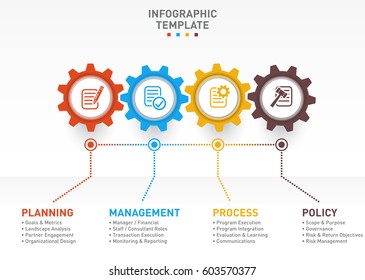 Vector business and industry gear style circle infographic for graphs, charts, diagrams with 4 options, parts, steps.